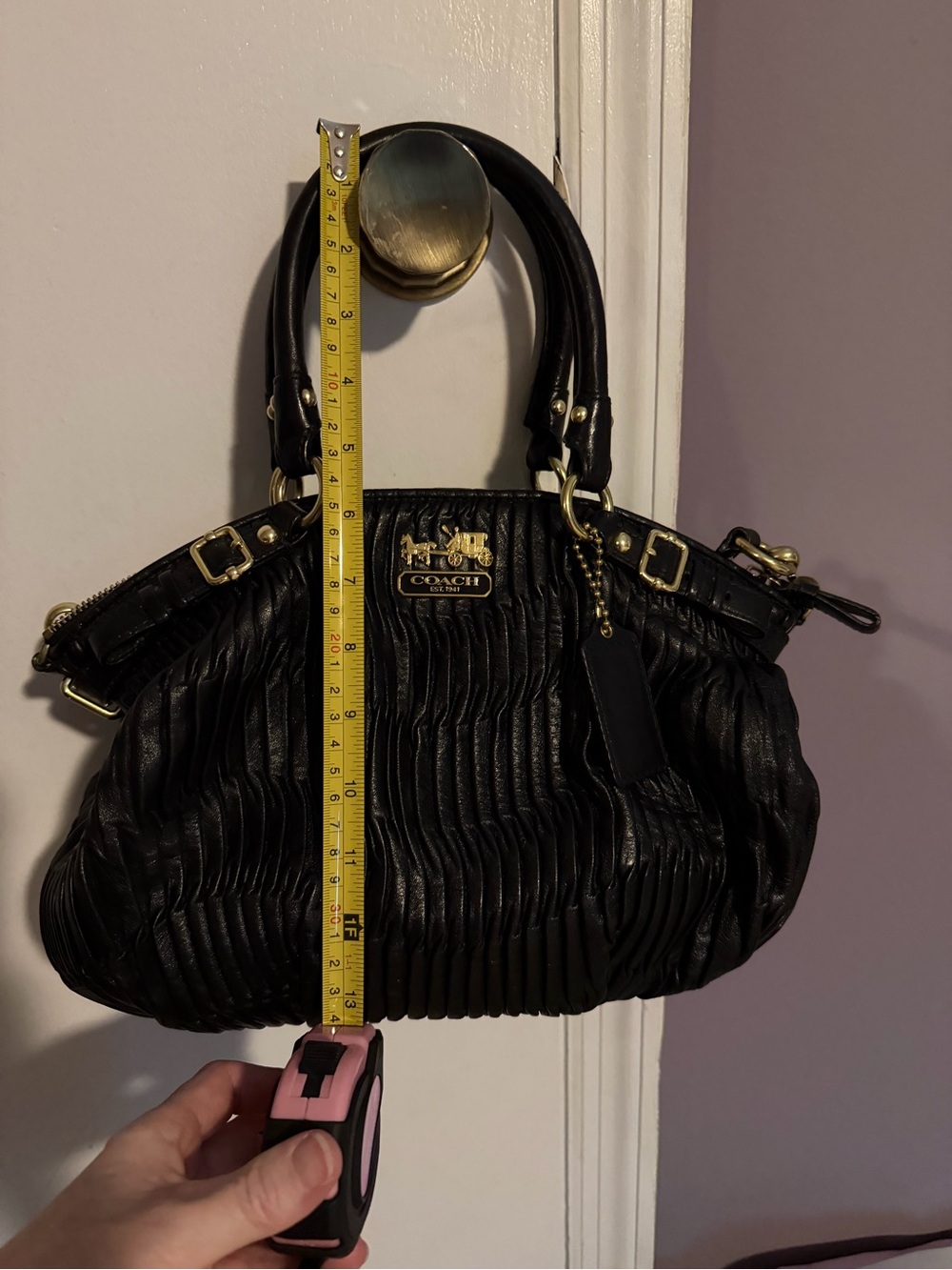 Coach Black Pleated Leather Shoulder Bag with Gold Hardware